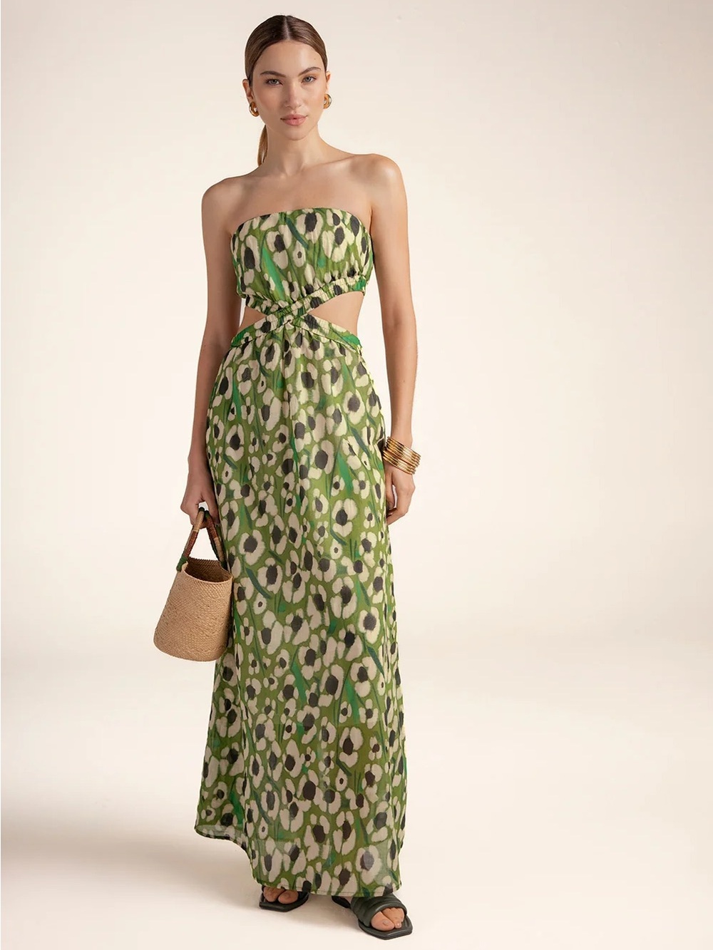 Strapless Green Print Maxi Dress